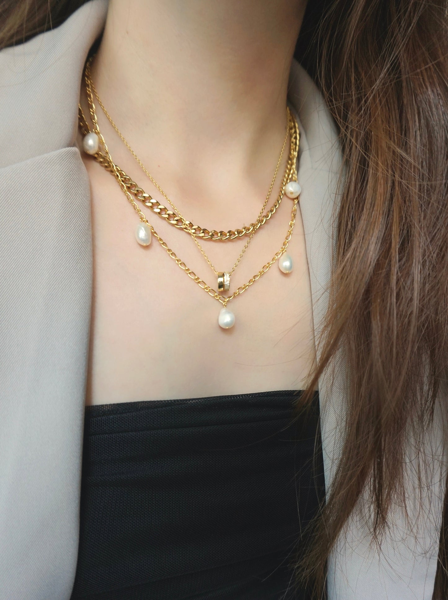 Gold Necklace Stack, Layering necklace with Third Tone's 5 pearl necklace, the dainty necklace and cuban chain necklace.