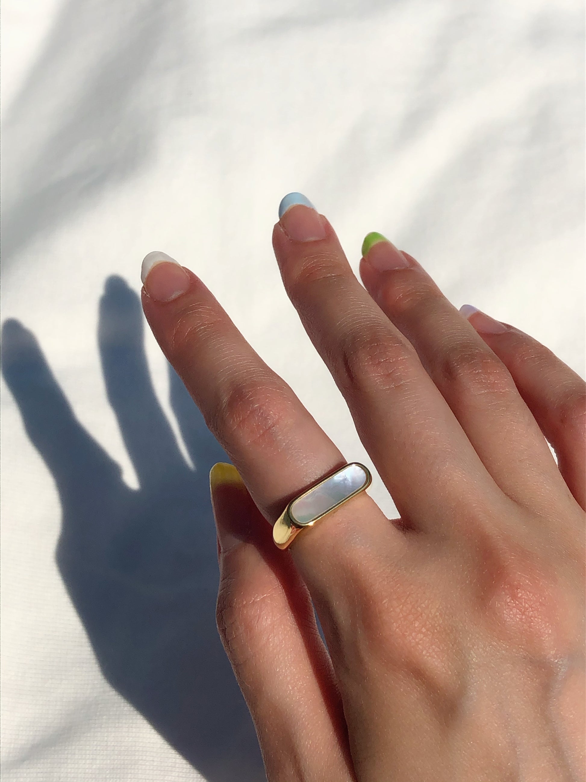 pearl bar ring, third tone iris ring, brands like ana luisa