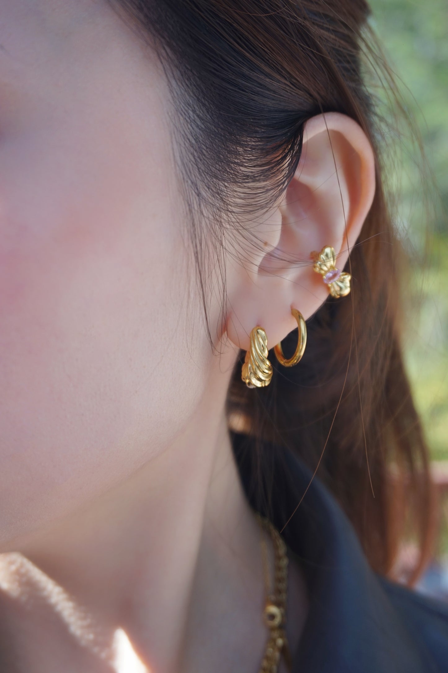 mini croissant earrings, bow ear cuff, third tone jewelry