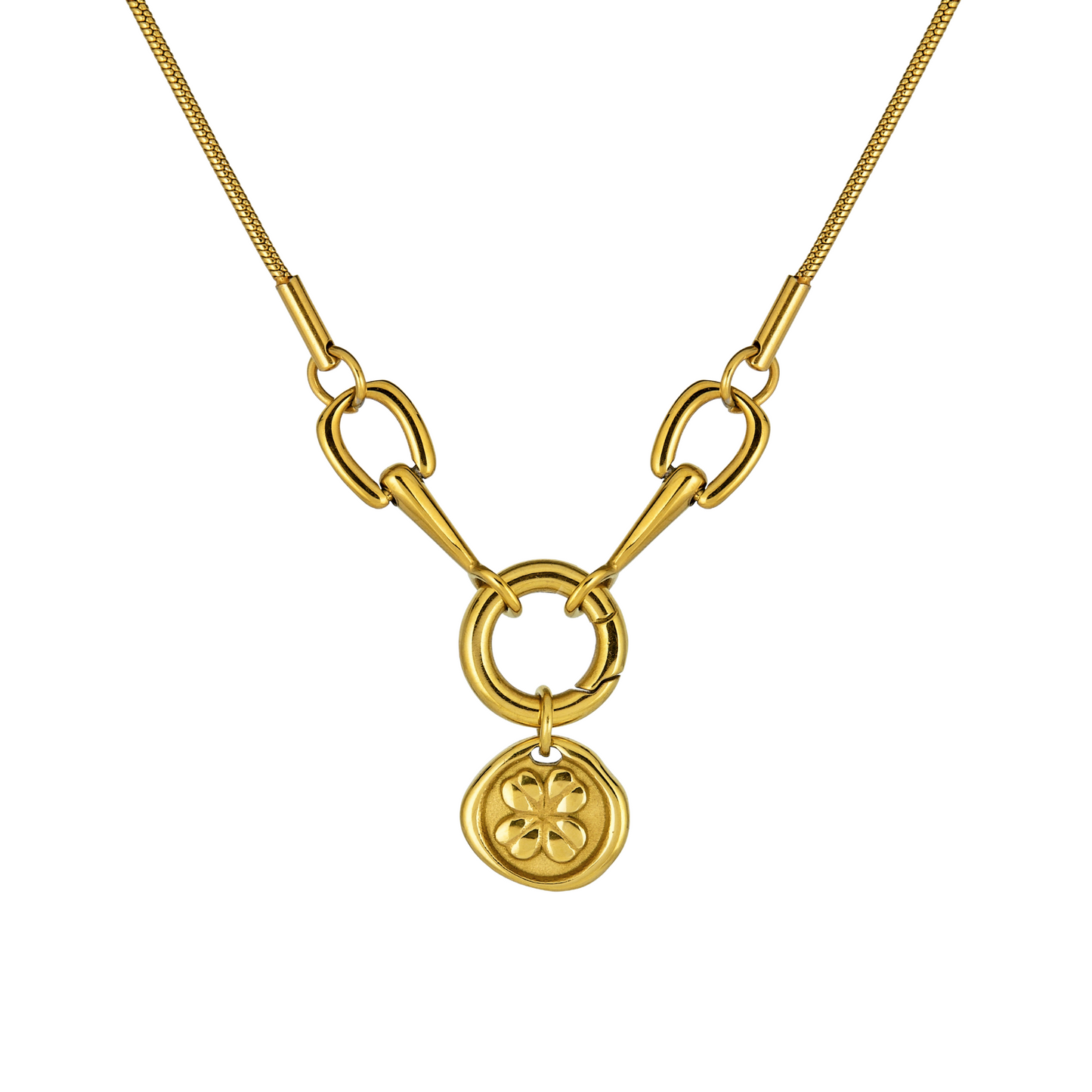A gold-plated necklace with a delicate four-leaf clover pendant and a horseshoe link, designed on a white background.