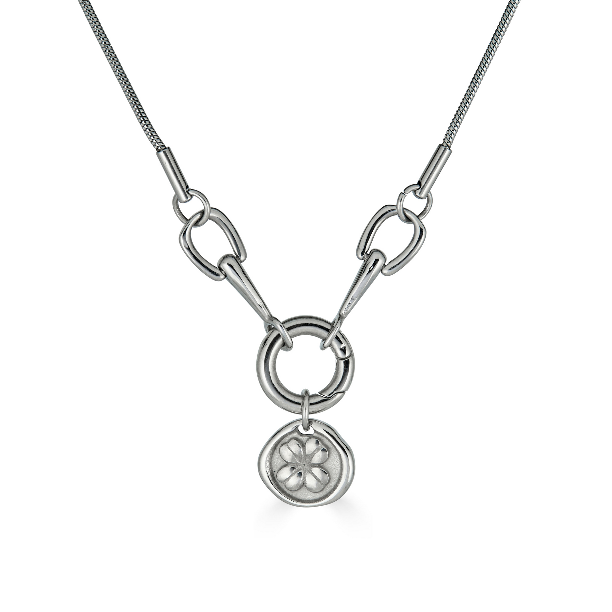 A silver necklace with a delicate four-leaf clover pendant attached to a horseshoe link, displayed on a white background.