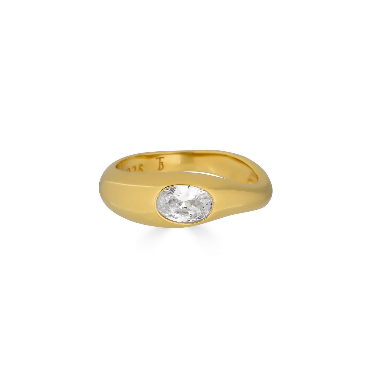 Gold ring with a clear gemstone on a white background